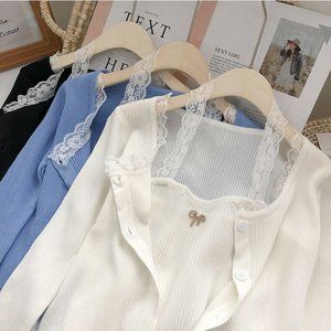 Summer lace long-sleeved knitted sweater halter strap two-piece set